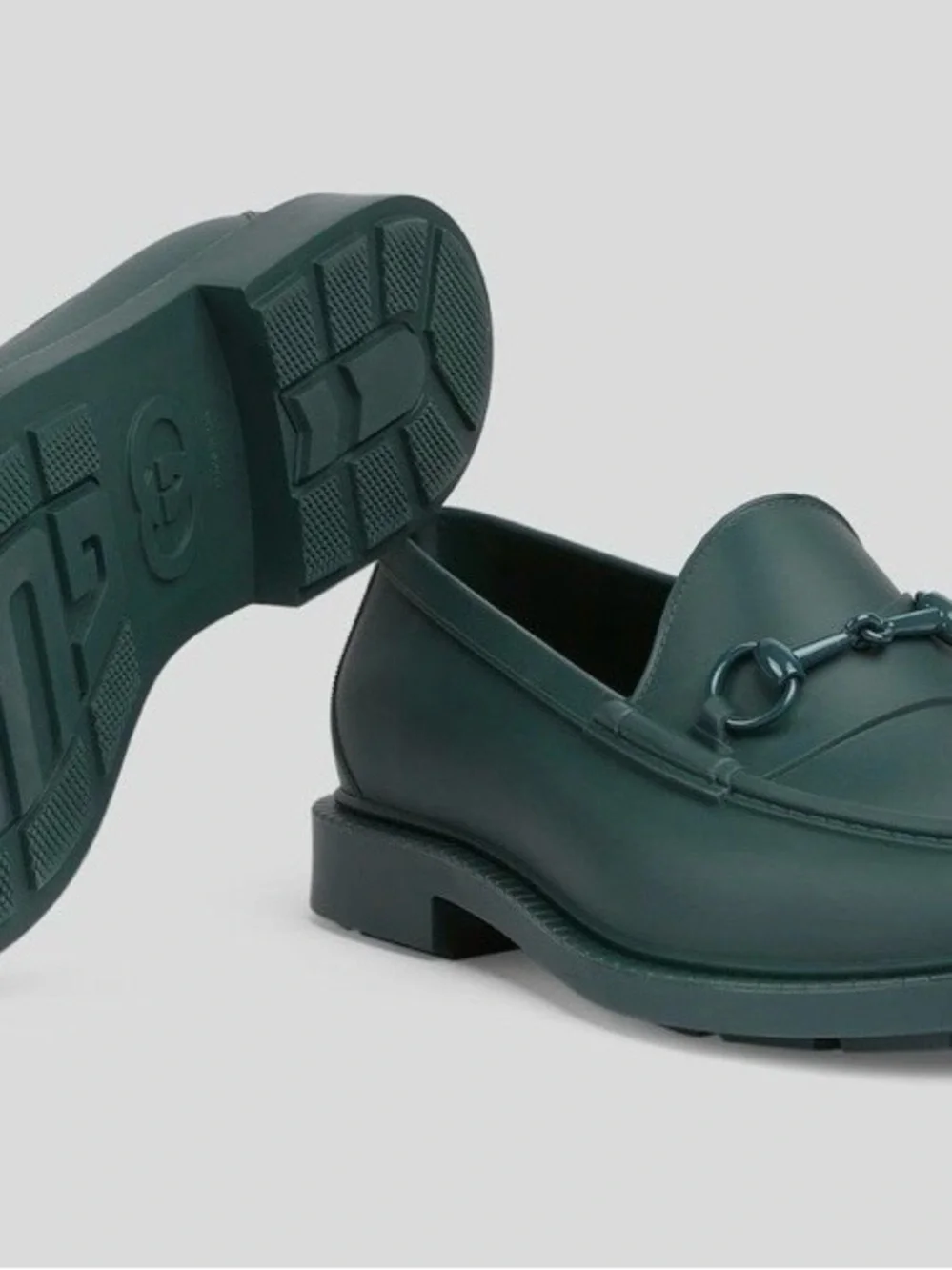 Gucci Green Rubber Horse-Bit Loafers